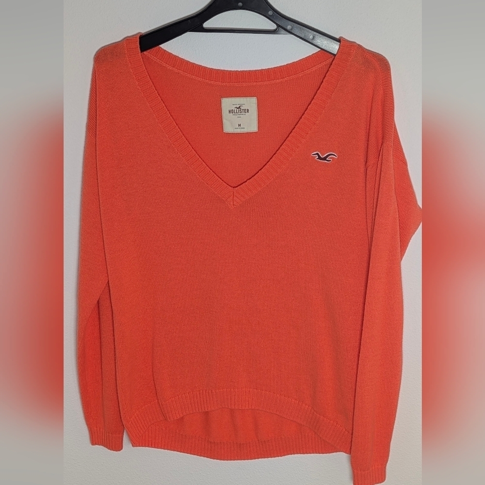 Hollister Women Orange V-Neck Sweater Long Sleeve Logo Hi-Low Size M EUC